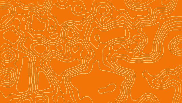 Colorful seamless pattern. Abstract animated outline topographic contour map. Moving waves on orange background. 4K looped animation. Geometric seamless composition with moving striped pattern.