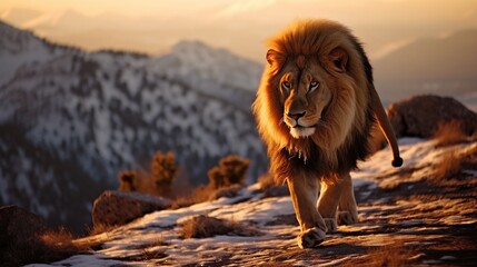 Animal wildlife photography lion with natural background in the sunset view, AI generated image