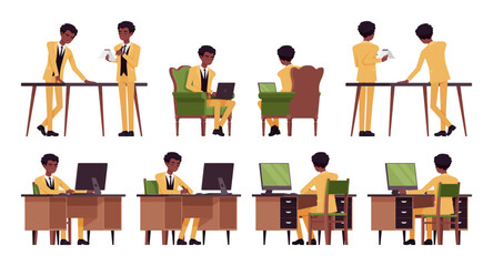 Fototapeta premium African american yellow suit man, businessman set, busy workplace. Manager, standup performer comedian, office consultant, entertainer. Vector flat style cartoon character isolated, white background