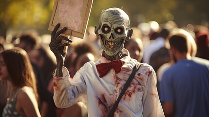 A friendly zombie holding a blank sign at a goofy zombie gathering - Generative ai - obrazy, fototapety, plakaty