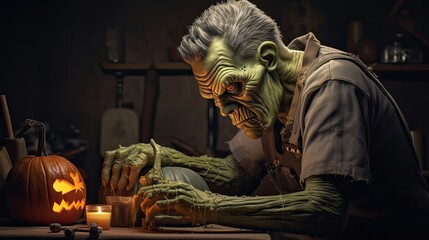 A Frankenstein monster attempting to carve a pumpkin with mismatched body parts - Generative ai