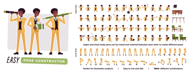 African american businessman character easy pose constructor. Office man drag, drop set, male body match, figure building. Vector flat style cartoon construction kit isolated on white background