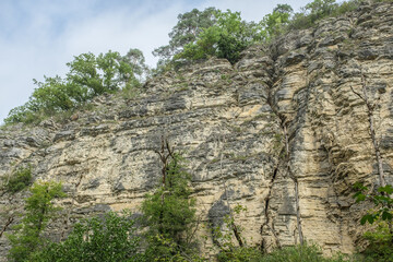 Zerklüftete Felswand mit Bäumen und Wolkenhimmel
