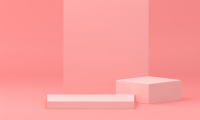 3d squared podium platform with light pink wall backdrop for commercial show realistic vector
