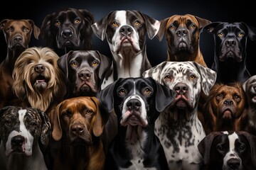 Many dogs of different breeds looking at camera