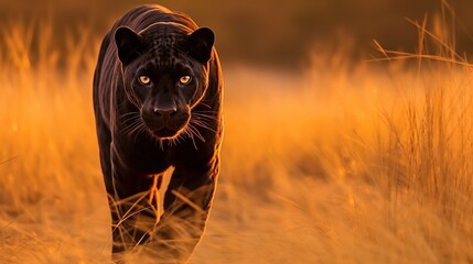 Animal wildlife photography black panther with natural background in the sunset view, AI generated image - obrazy, fototapety, plakaty