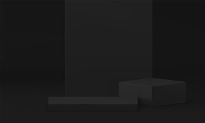 Black 3d podium fashion pedestal squared platform dark showroom display interior vector illustration