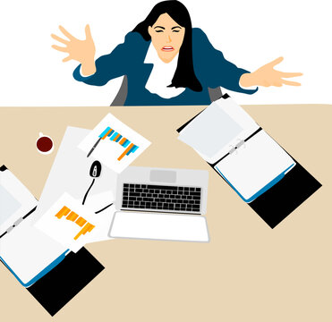 Vector of Stressful or tired businesswoman working at workplace. 