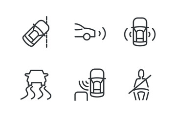Simple set of car safety related vector line icons.