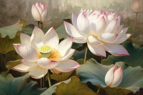 Pink Lotus Flower. Beautiful Lotus Flowers or Water lilies, oil painting, watercolor art