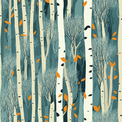 Birch tree pattern. Seamless vector illustration pattern with autumn birch trees. Perfect for textile, wallpaper or print design. Fabric Design  for wallpapers, web site background, postcard. - obrazy, fototapety, plakaty