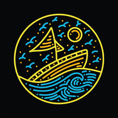 Premium Monoline Colorful Sailboat Vector Graphic Design illustration Vintage style Emblem Symbol and Icon