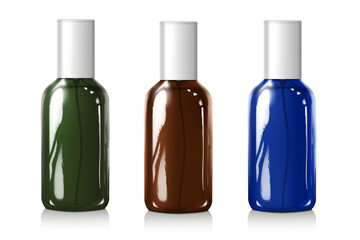 green,brown,blue shiny glass bottles isolated on the white background.vector illustration design element.use for medicine and beauty products.