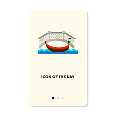 Gondola in Venice canal near bridge flat icon. Vertical sign or vector illustration of place for trip, vacation or holiday. Sightseeing, tourism, architecture concept for web design and apps © RedlineVector