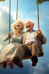 Happy elderly man and woman ride on a swing.