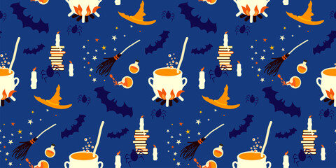 Halloween background, pattern design with witch elements. Magical, witchy powers concept design. witch craft icons broom, cauldron, spiders, magic books, potions,  candle, fire, hat - 637942374