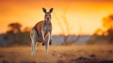 Fotobehang Animal wildlife photography kangaroo with natural background in the sunset view, AI generated image © atapdesain