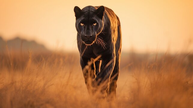 Animal wildlife photography black panther with natural background in the sunset view, AI generated image