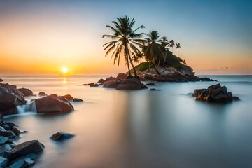 Scenic view of palm tree with sea at sunset