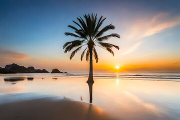 Scenic view of palm tree with sea at sunset