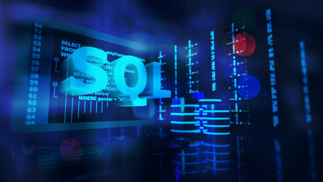 SQL word and SQL statements (Structured Query Language) code on a computer monitor with Databases and computer server background. Example of SQL code to query data from a database. 3D rendering.