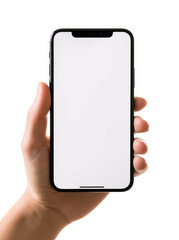 Front view of a hand holding a smartphone isolated on a white background