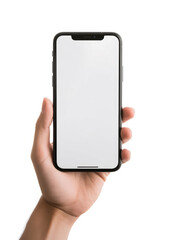 Front view of a hand holding a smartphone isolated on a white background