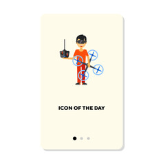 Man with drone and remote control flat icon. Vertical sign or vector illustration of person testing technological device. Innovation, robotics concept for web design and apps