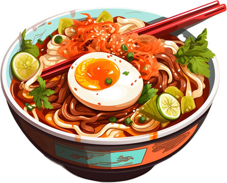 Ramen pork bone broth egg and chopsticks	