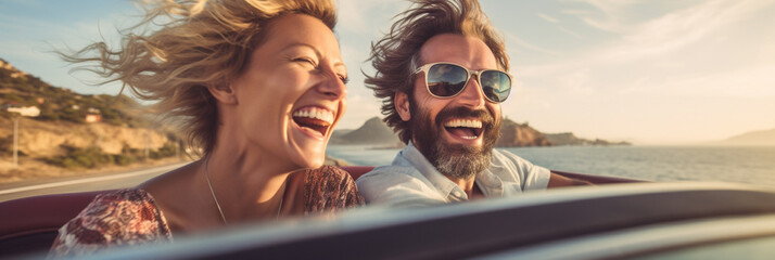 Happy smiling couple man and woman traveling in car convertible along the coast on a summer day at sunset