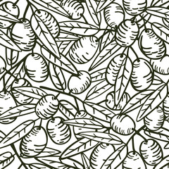 Olive fruits and leaves on branches. Vector seamless linear hand drawn pattern.