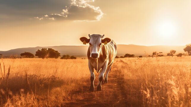 Animal wildlife photography cow with natural background in the sunset view, AI generated image