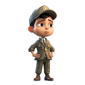 3D Render of Little Boy with Army cap and uniform on white background