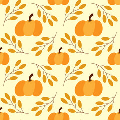 Pumpkin seamless pattern with branches leaves. Autumn design for fabric, texture, wallpaper, poster, postcard. Vector flat illustration.