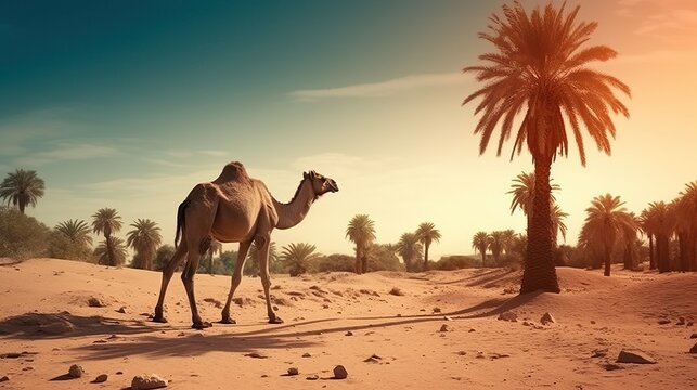 Animal wildlife photography camel with natural background in the sunset view, AI generated image