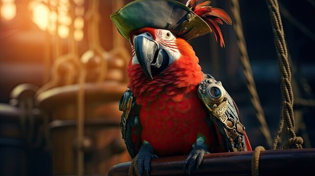 An inquisitive parrot dressed as a pirate, perched on a tiny pirate ship - Generative ai