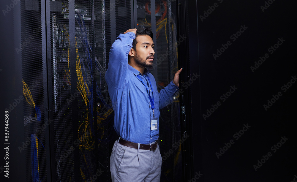 Poster Server room, mistake or male technician with hardware or cables for cybersecurity glitch or machine problem. Doubt, thinking or confused engineer with error in information technology or IT support