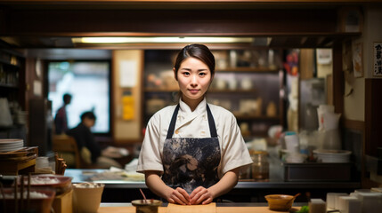 Fototapeta premium Japanese Chef Cook, female, restaurant in background
