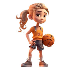 3D Render of a Toon Girl with Basketball on White Background