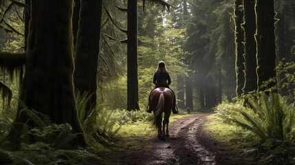 Forest trail horseback rider. Beautiful illustration picture. Generative AI