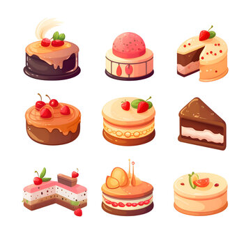 Set of different cakes and pastries. Vector illustration in cartoon style