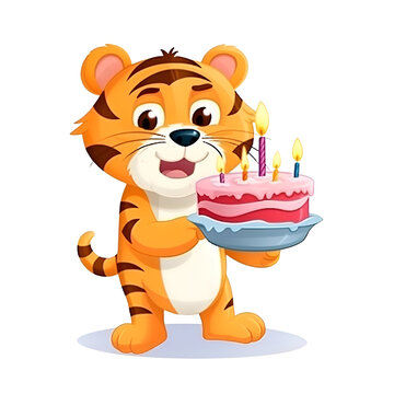 Cute tiger with birthday cake. Cartoon vector illustration isolated on white background.