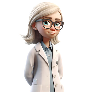 3D rendered illustration of a cartoon character with glasses and a white coat