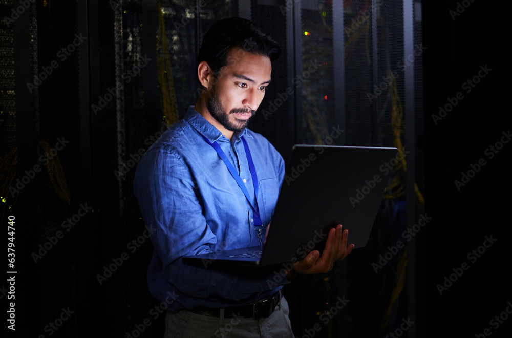 Poster night, server room or person typing for cybersecurity glitch, machine or it support on servers syste