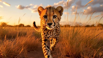 Fototapeten Animal wildlife photography cheetah with natural background in the sunset view, AI generated image © atapdesain