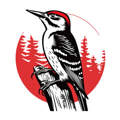Woodpecker on a branch with trees. logo, clipart, 6K