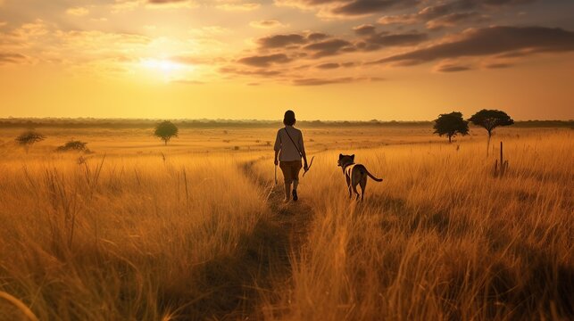Animal wildlife photography dog with person natural background in the sunset view, AI generated image