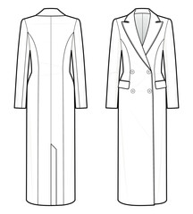 Classic Double-Breasted coat fashion flat technical drawing template. Double-Breasted coat vector template illustration. front and back view. white colour. CAD mockup.