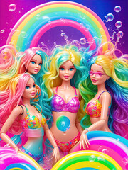 Obraz na płótnie Canvas beautiful women styled like dolls with rainbow colors