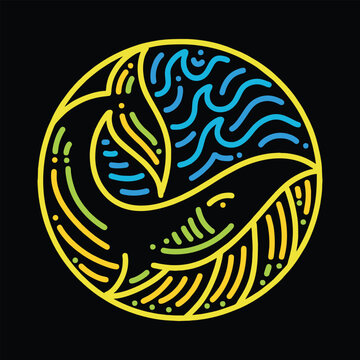 Premium Monoline Colorful Whale Vector Graphic Design illustration Vintage style Emblem Symbol and Icon